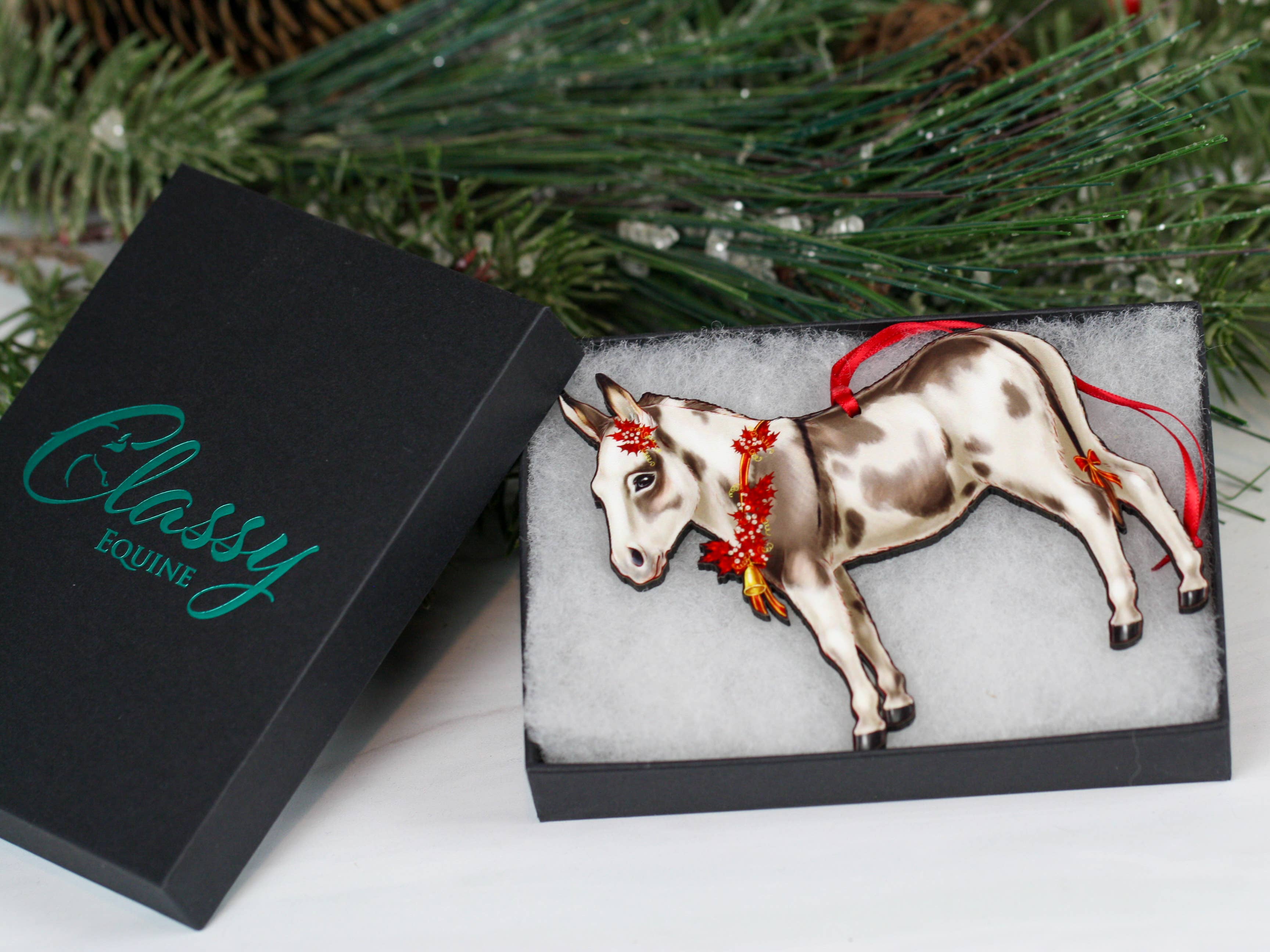 Classy Equine - Spotted Miniature Donkey Christmas Ornament