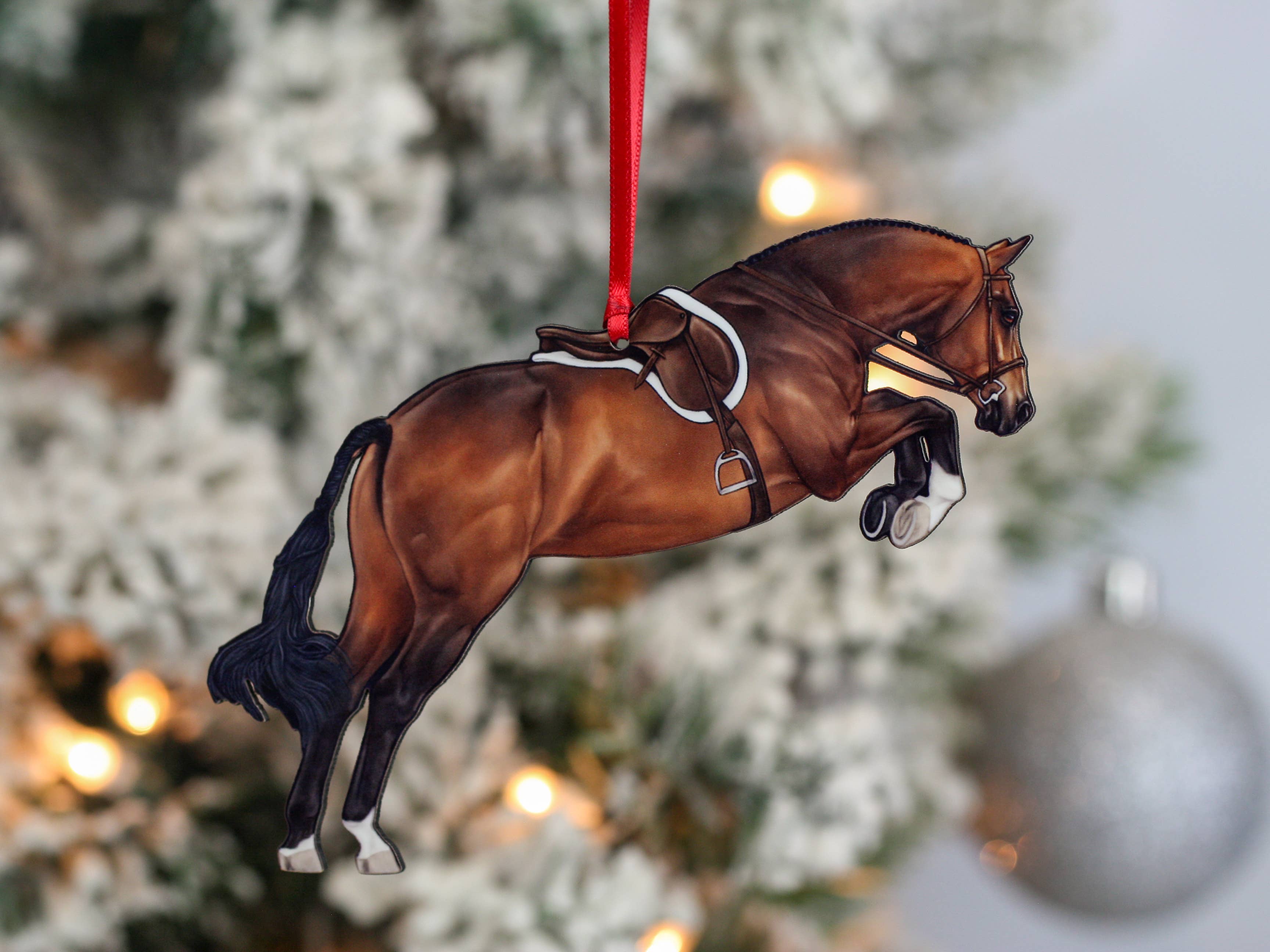 Classy Equine - Equestrian Hunter Horse Ornament - Bay Hunter Jumper Takeoff