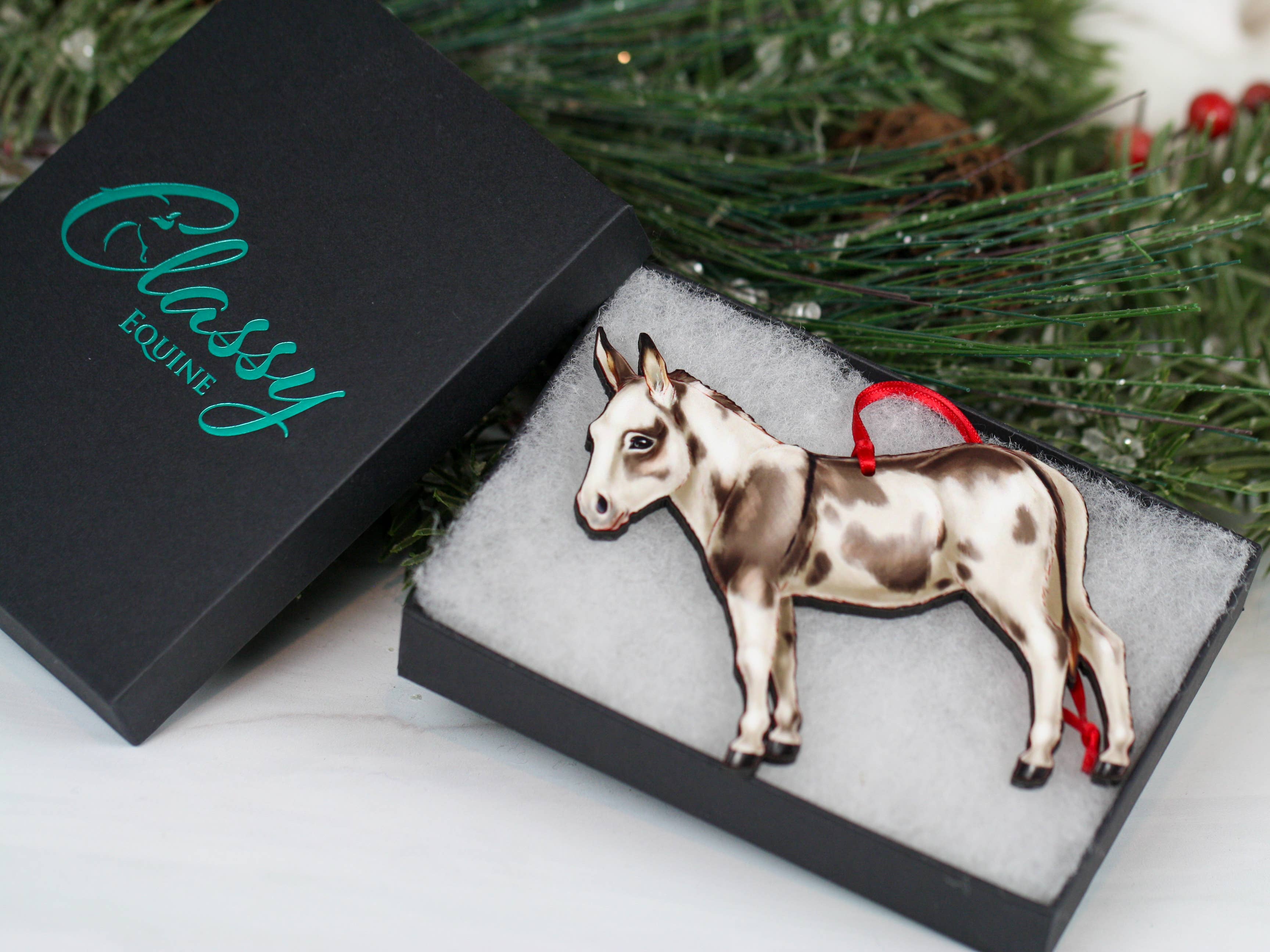 Classy Equine - Spotted Gray & White Miniature Donkey Ornament Christmas