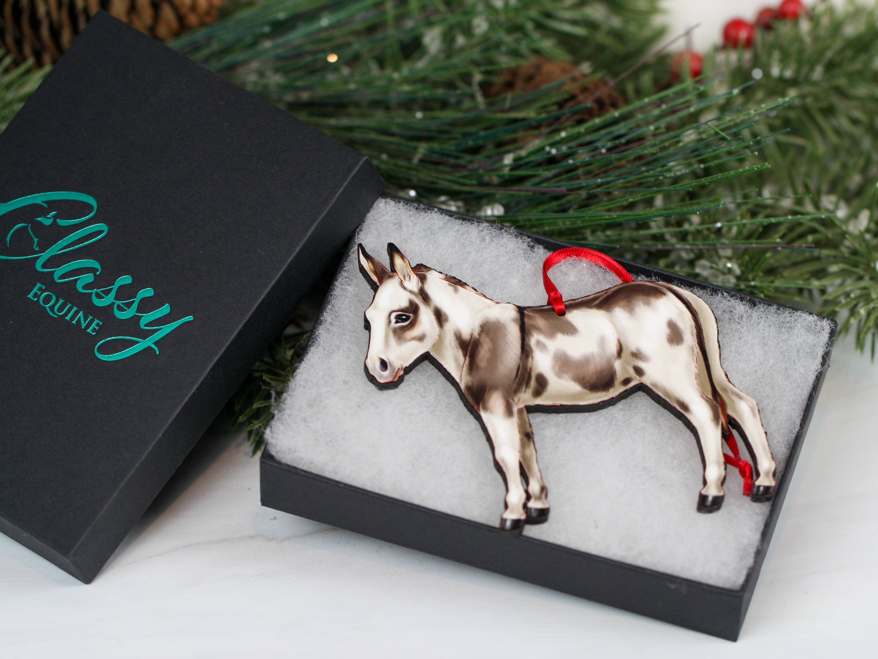 Classy Equine - Spotted Gray & White Miniature Donkey Ornament Christmas