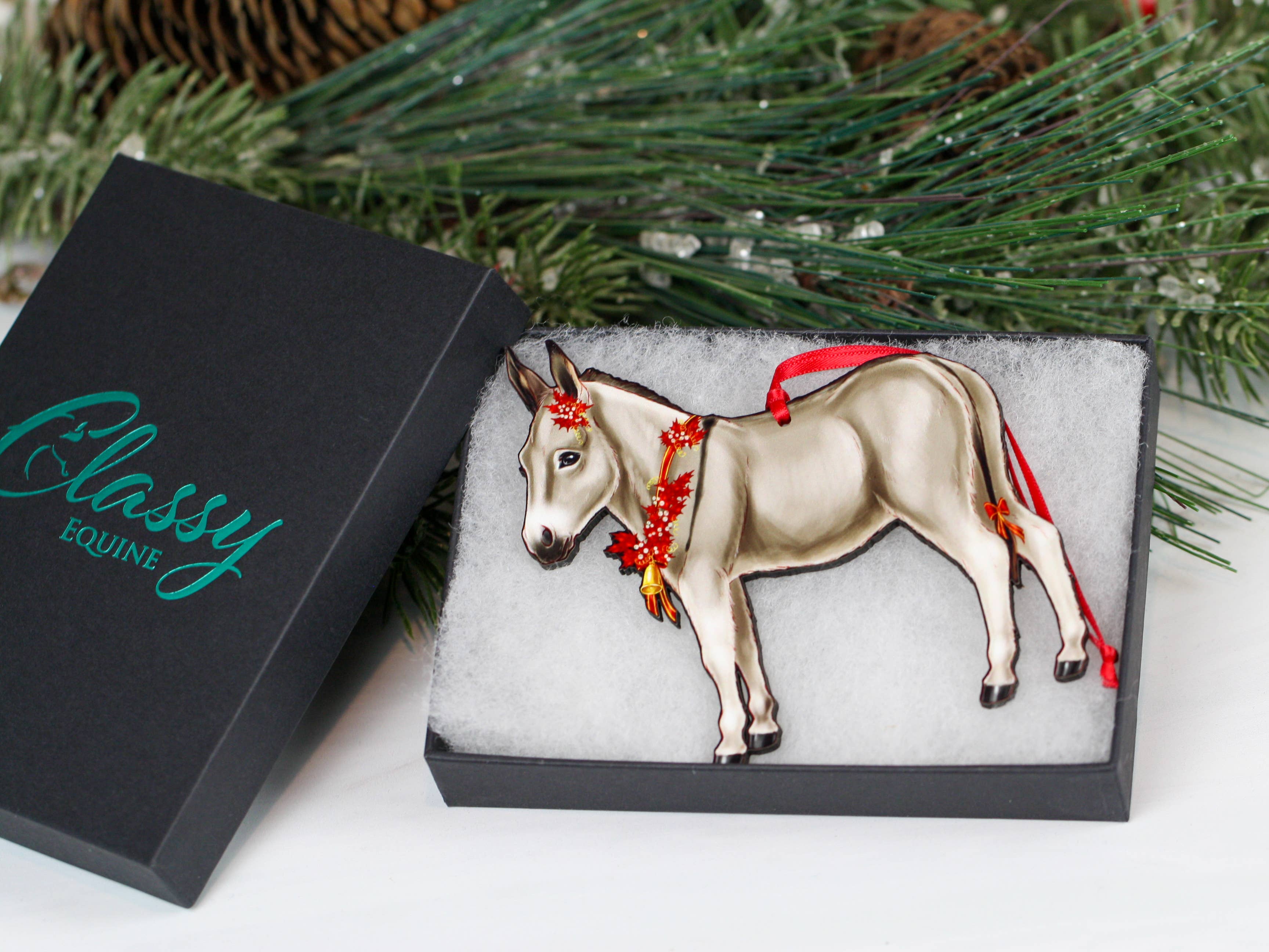 Classy Equine - Gray & White Miniature Donkey Christmas Ornament Gift Decor