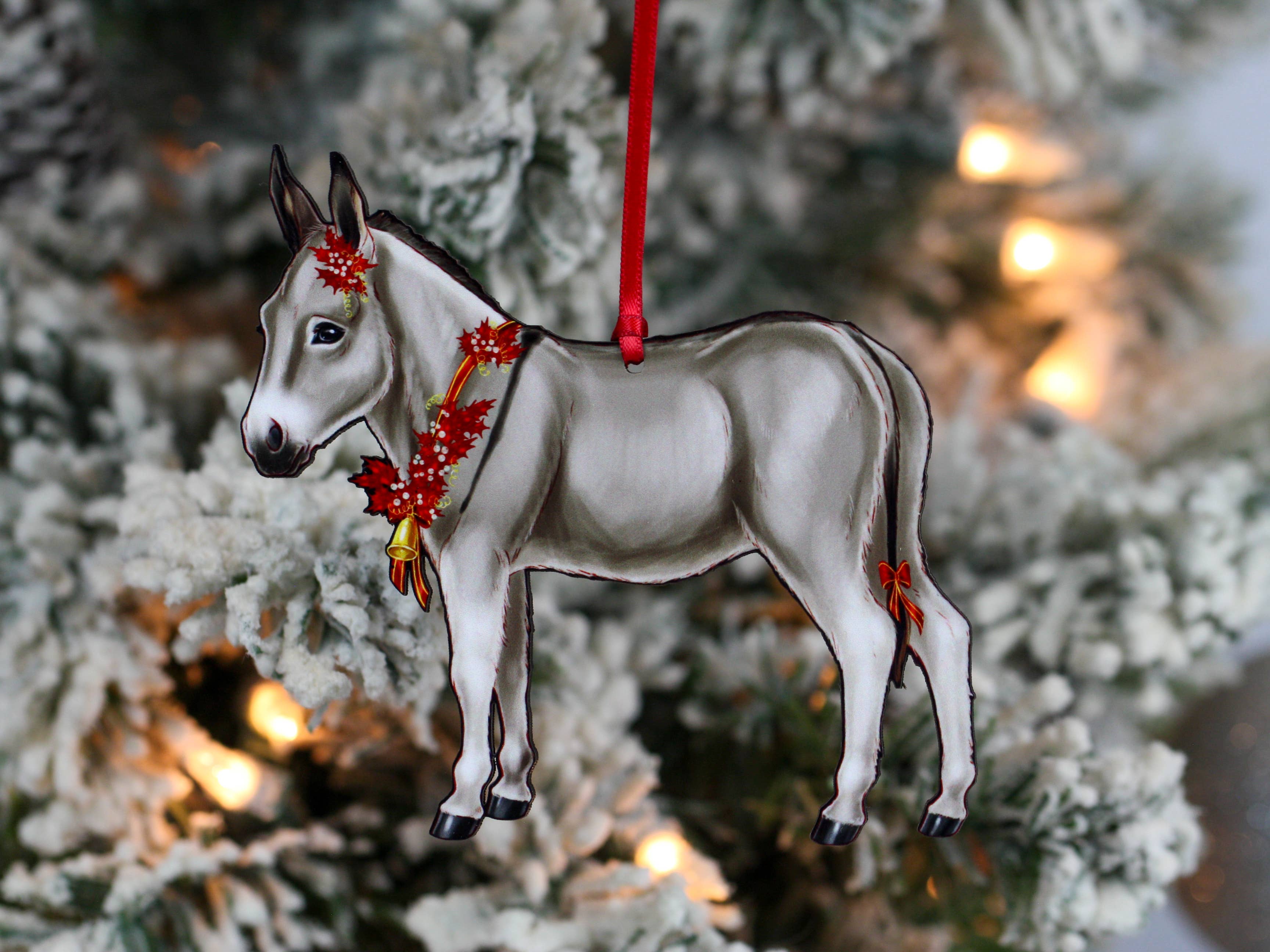 Classy Equine - Gray & White Miniature Donkey Christmas Ornament Gift Decor