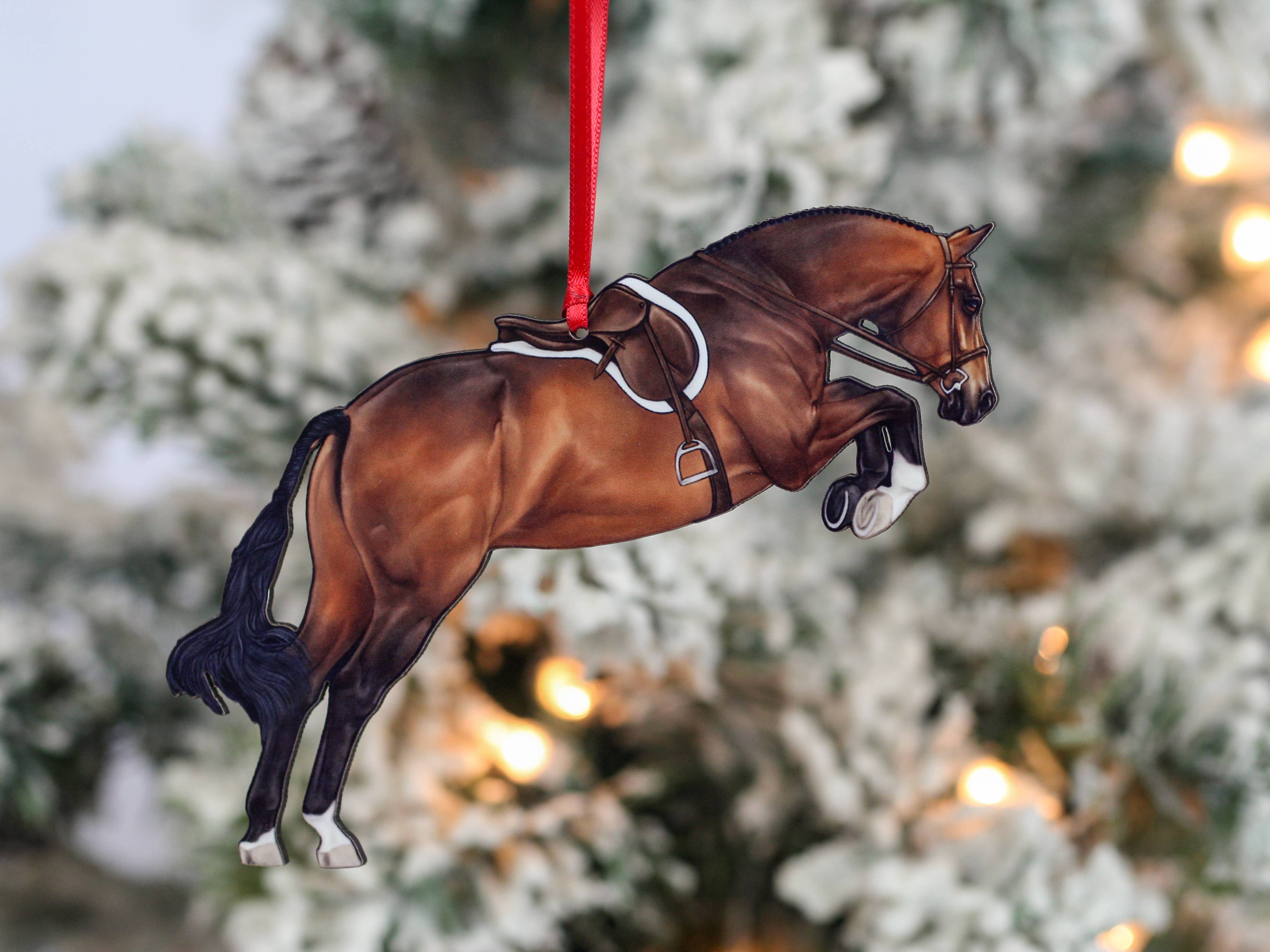 Classy Equine - Equestrian Hunter Horse Ornament - Bay Hunter Jumper Takeoff