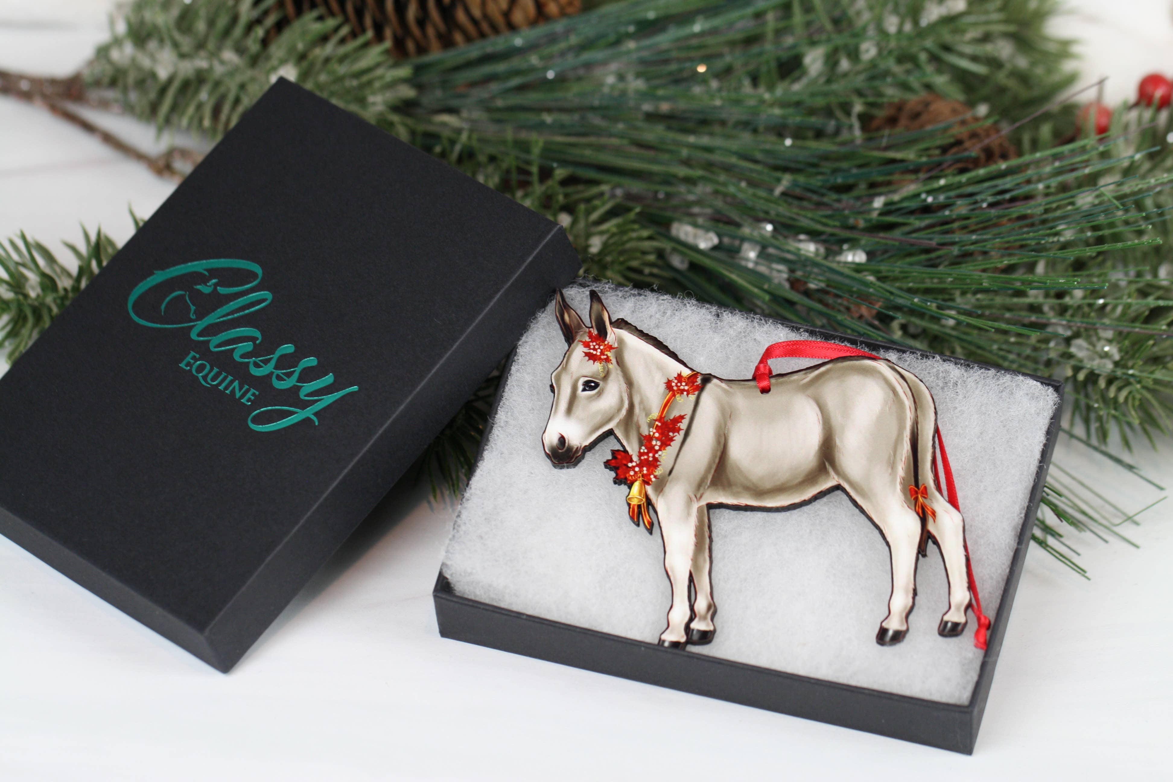 Classy Equine - Gray & White Miniature Donkey Christmas Ornament Gift Decor