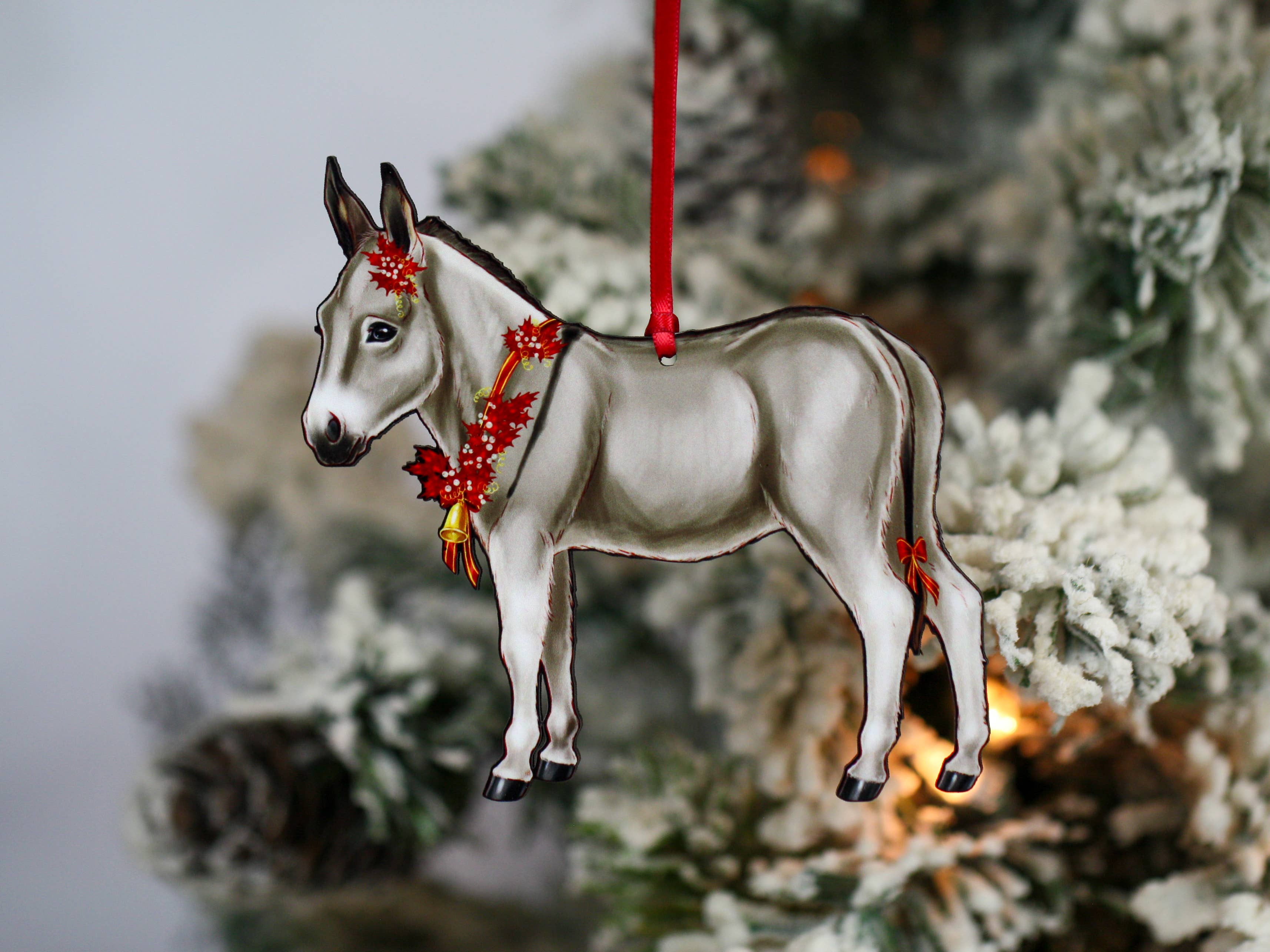 Classy Equine - Gray & White Miniature Donkey Christmas Ornament Gift Decor