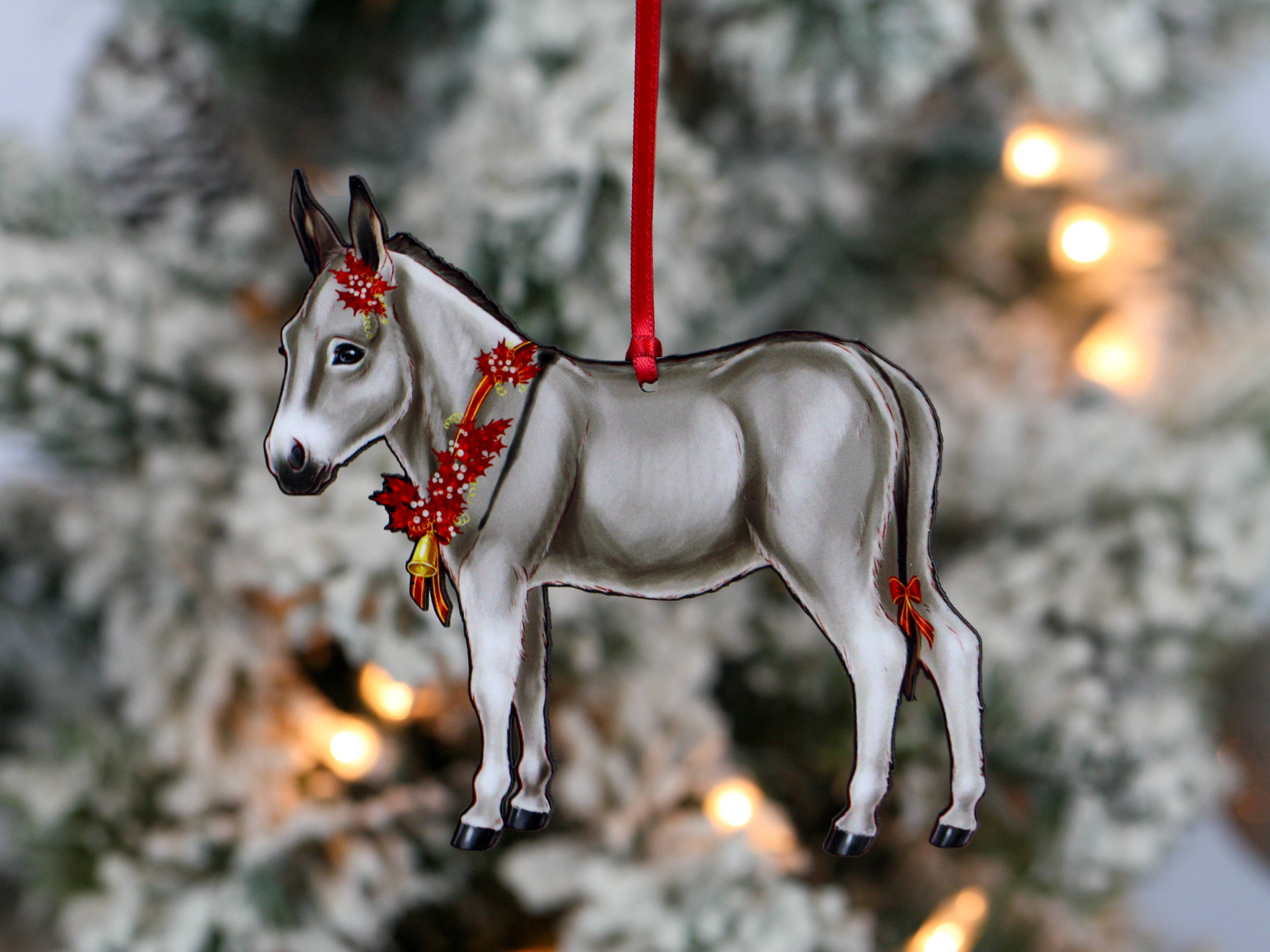 Classy Equine - Gray & White Miniature Donkey Christmas Ornament Gift Decor