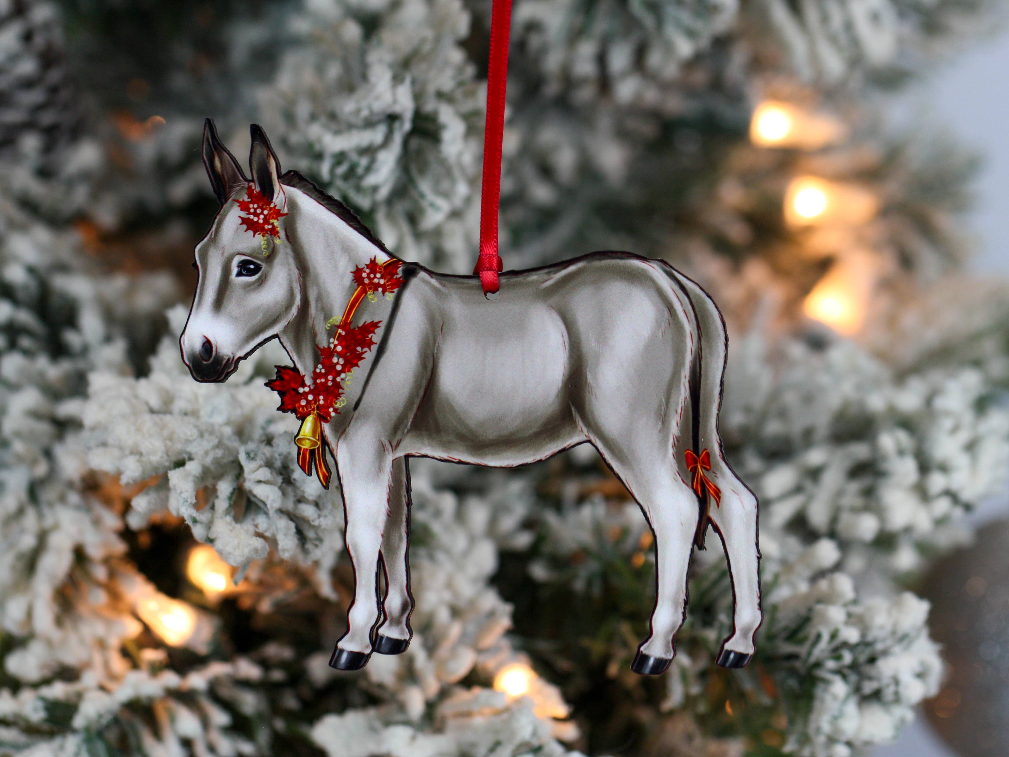 Classy Equine - Gray & White Miniature Donkey Christmas Ornament Gift Decor